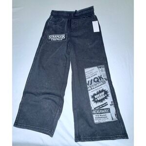 Stranger Things Washed Denim Look Pants Girls 6/6X Black NEW Wide Leg Graphic